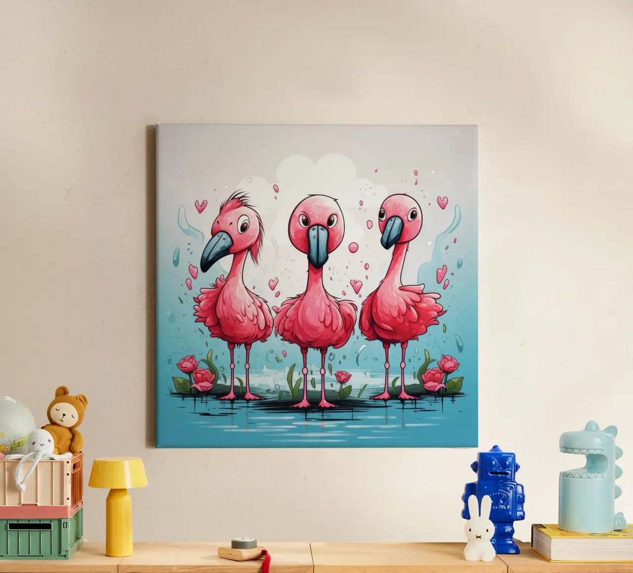 Retro Flamingo Bende canvas met Baklijst van Funny Animals