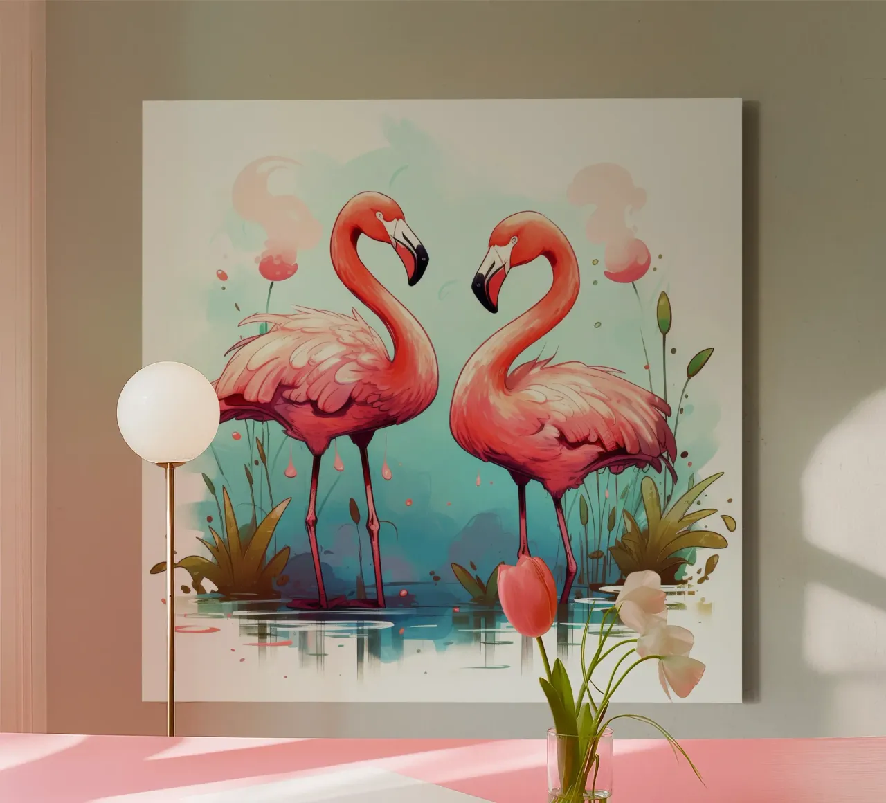 Retro Flamingo Duo canvas met Baklijst van Funny Animals