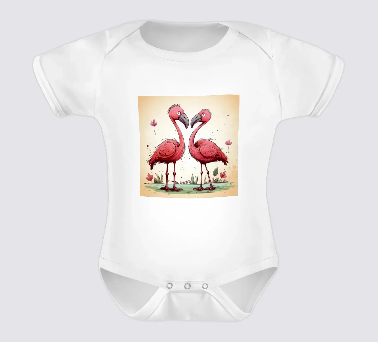 Retro Flamingo Duo short-sleeve baby romper by Funny Animals