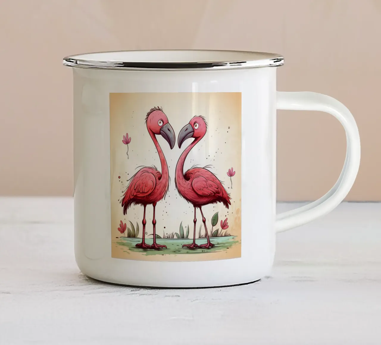 Duo di fenicotteri retrò tazza in smalto da Funny Animals