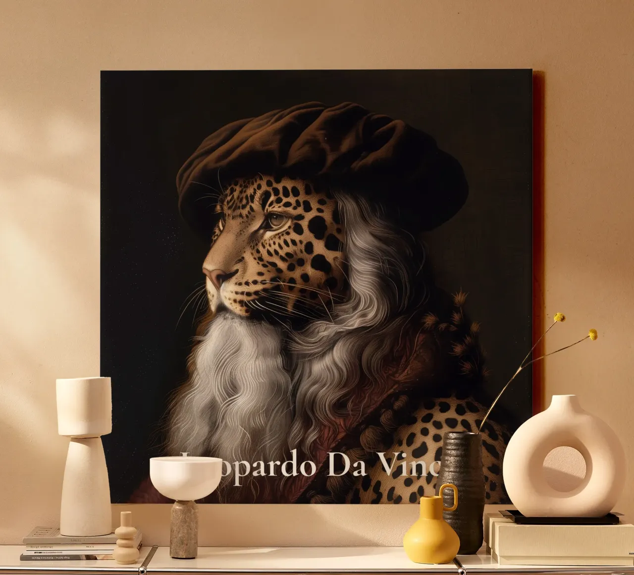 Arte da parete surreale | Leopardo Da Vinci | Fun Classic Art Remix tela con Cornice a cassetta da Kaji