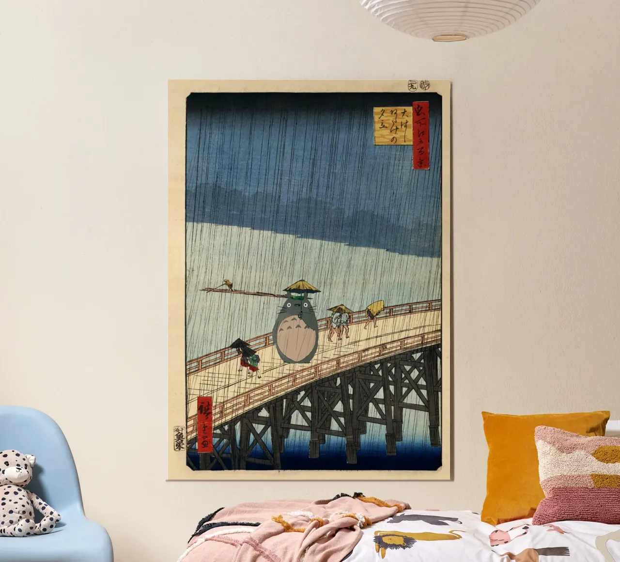 Totoro op de brug in de regen - Hiroshige Parodie poster met kunststof frame van Mashtup