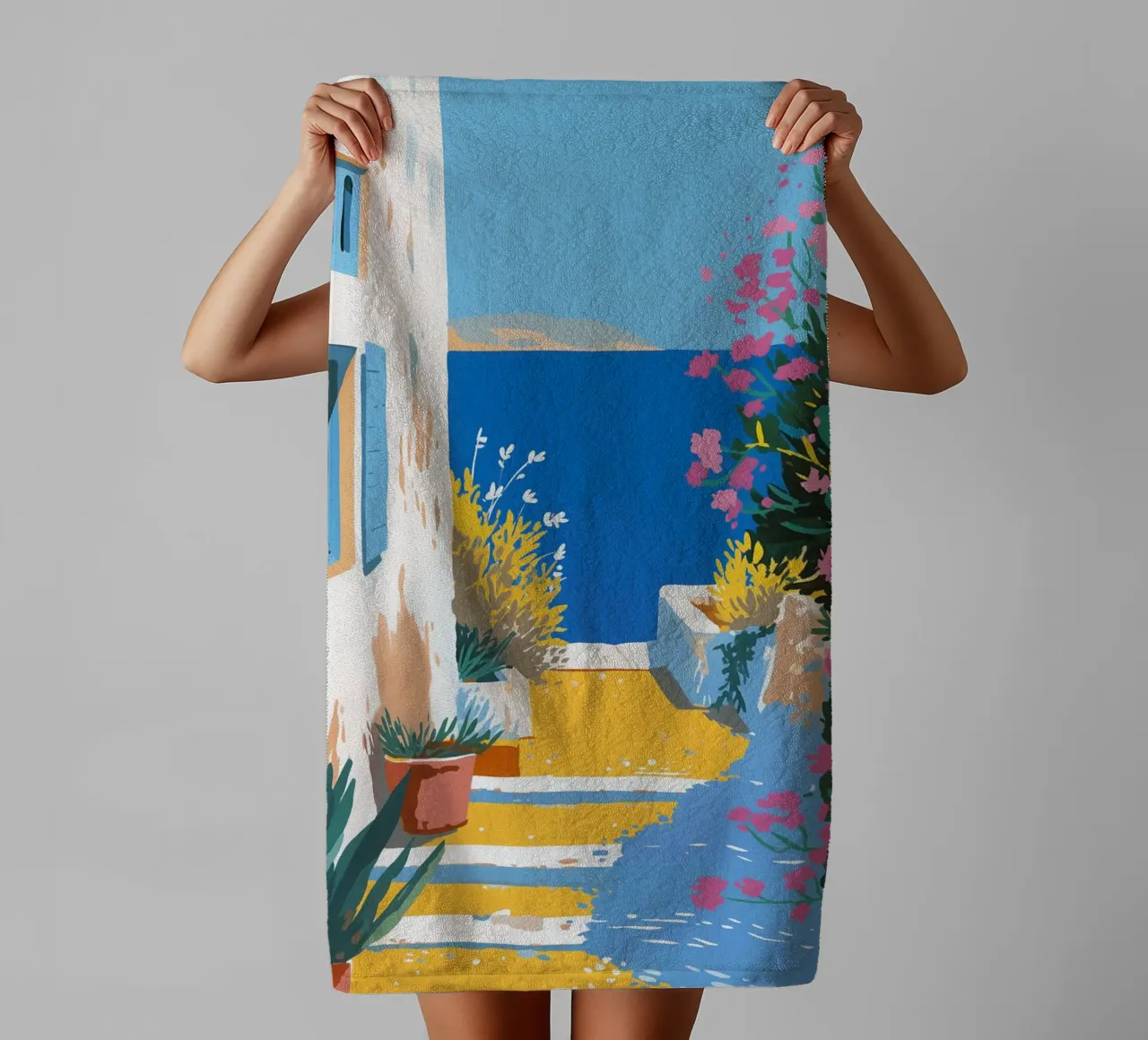 Paesaggio di scale mediterranee asciugamano da bagno da Carinaprint