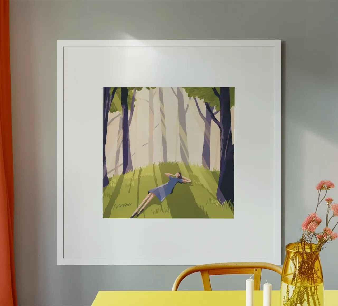 Riverbero del sonnellino nella foresta poster con telaio in legno da Timeless Huse