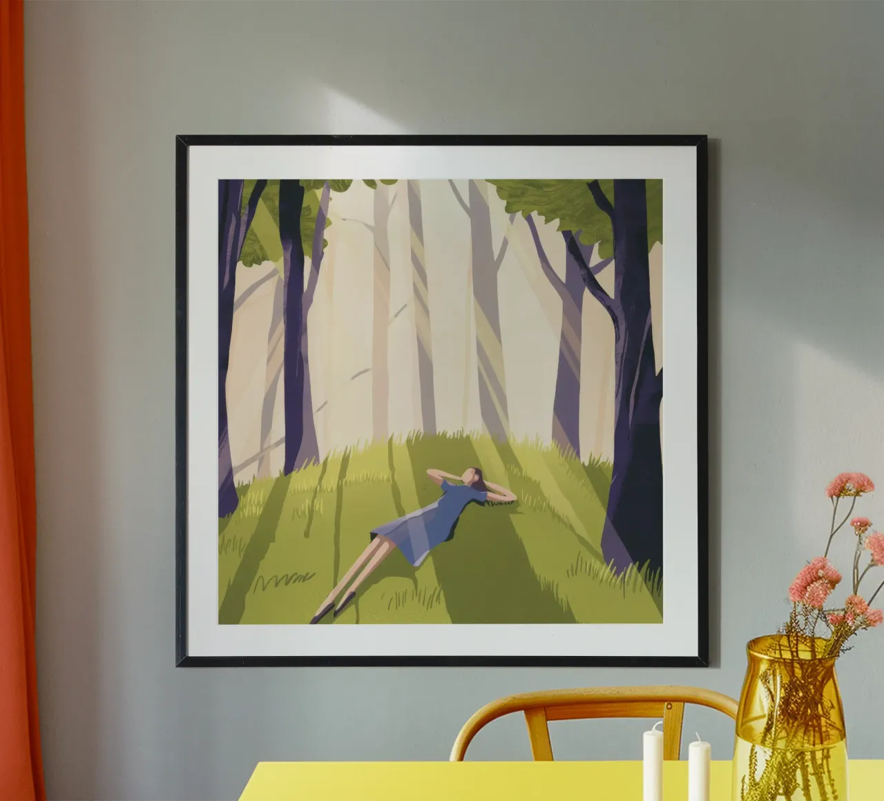 Riverbero del sonnellino nella foresta poster con telaio in legno da Timeless Huse