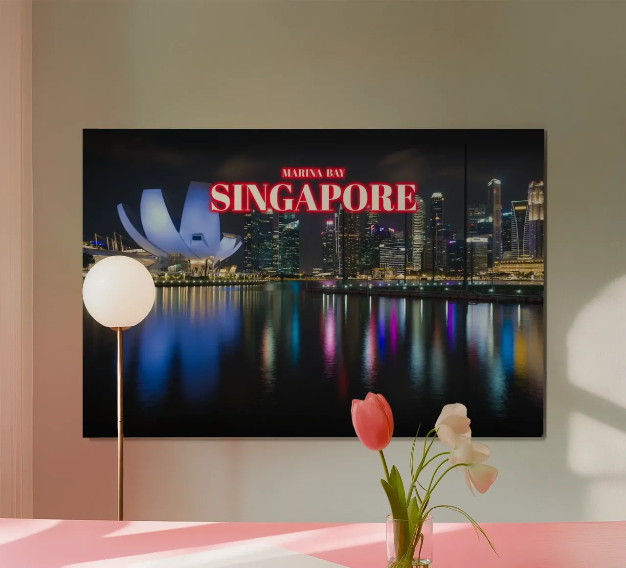 Marina Bay di notte - Singapore poster con telaio in legno da surfer28