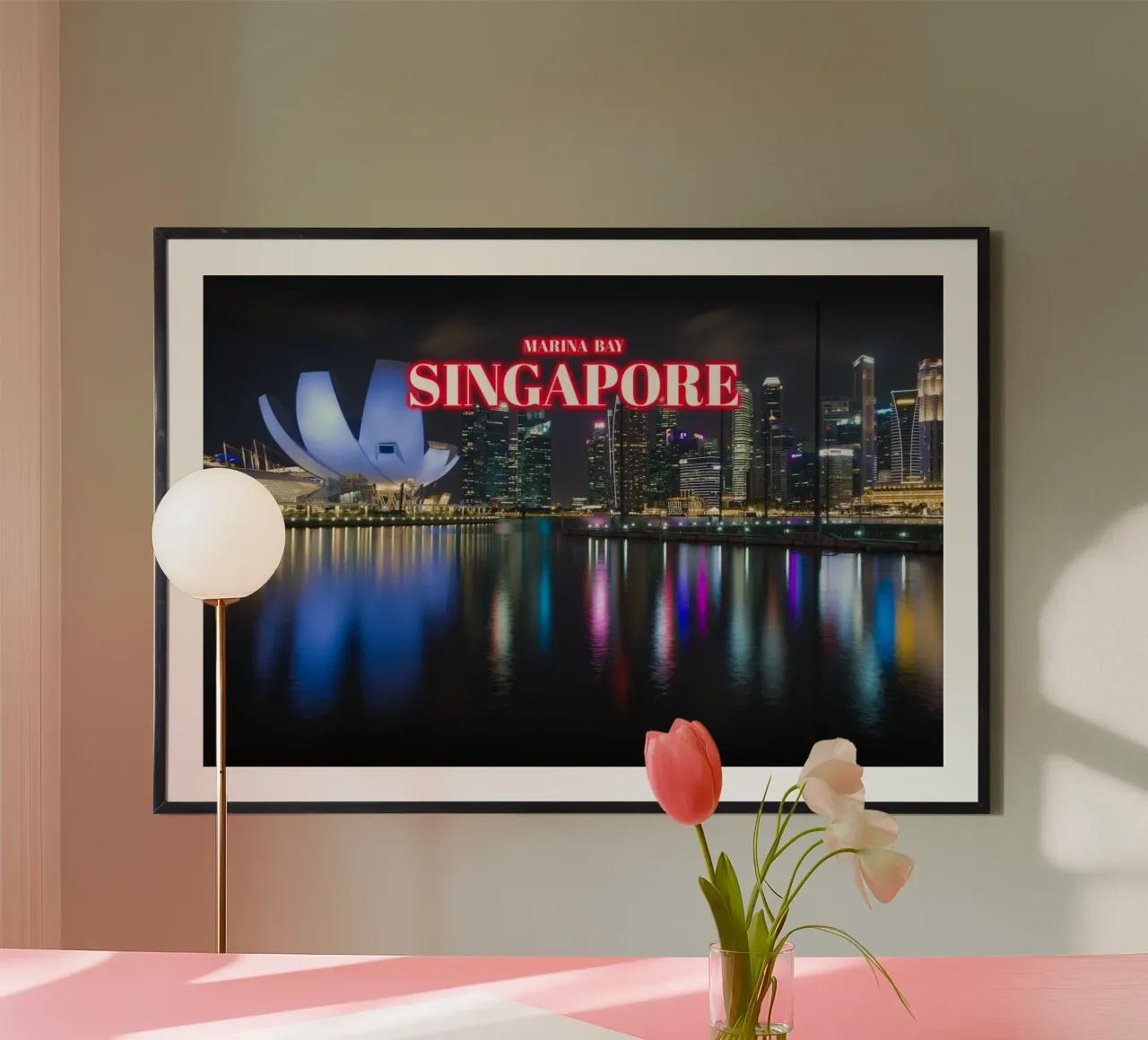 Marina Bay di notte - Singapore poster con telaio in legno da surfer28