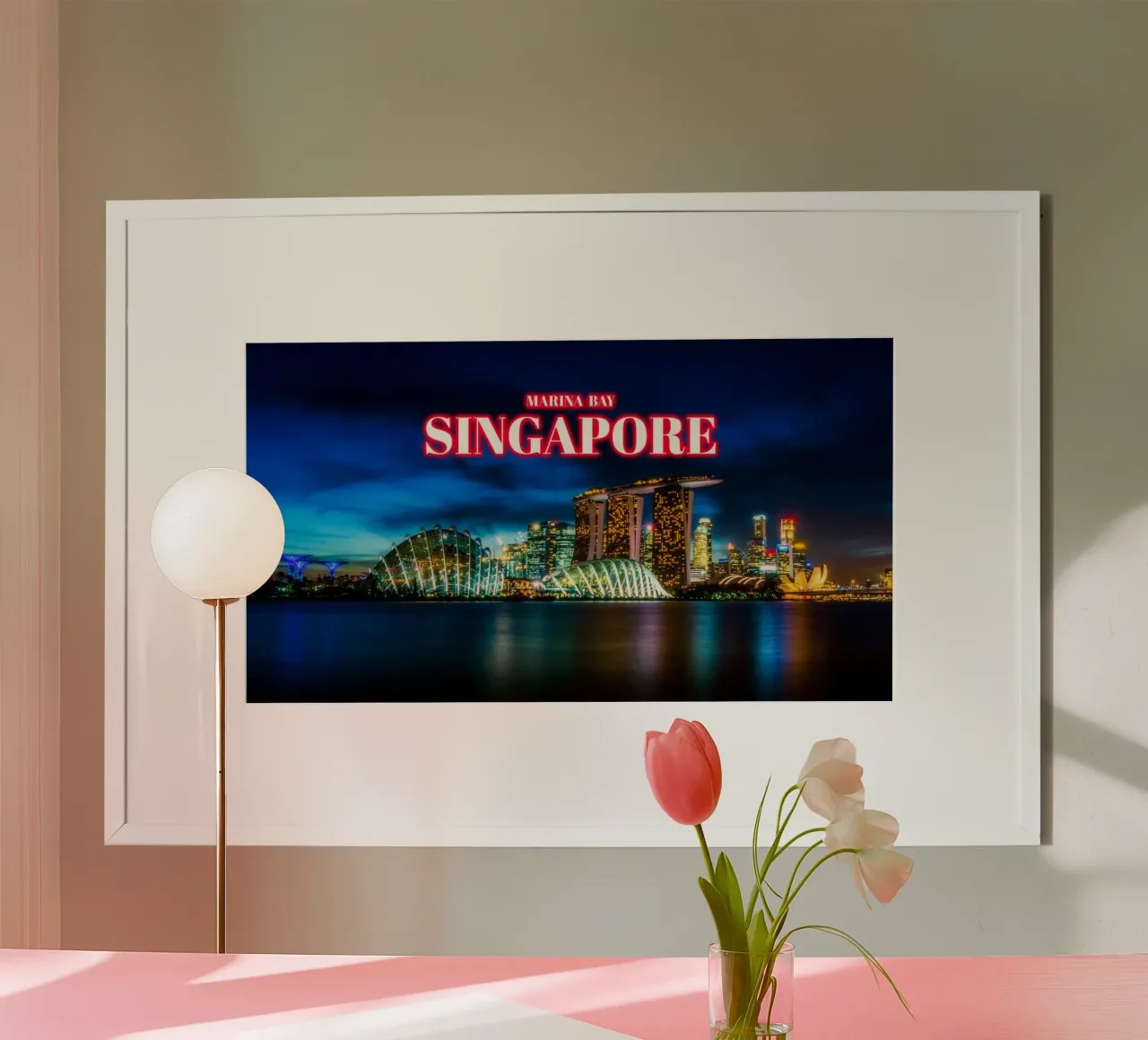 Marina Bay di notte 3 - Singapore poster con telaio in legno da surfer28
