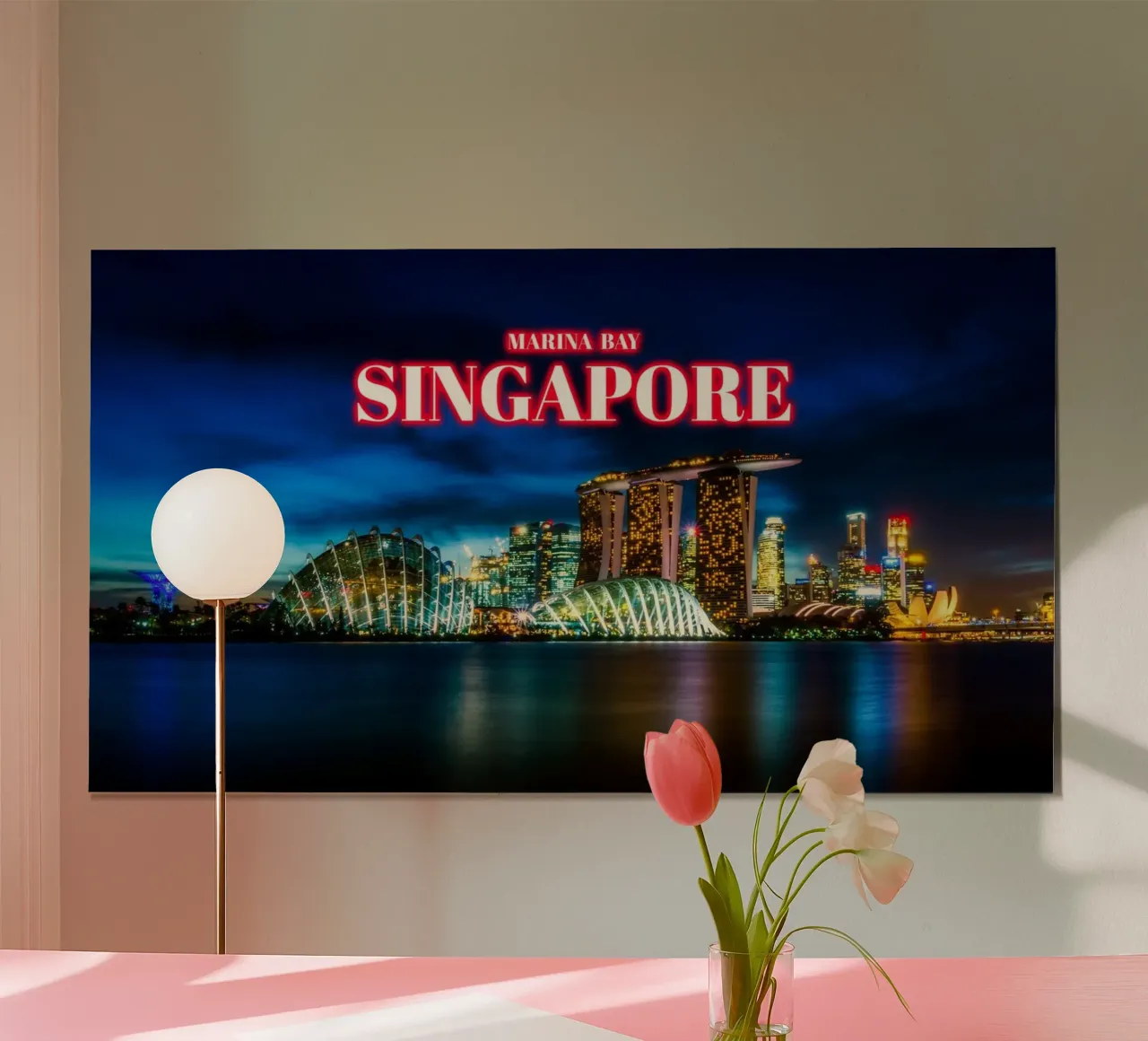 Marina Bay di notte 3 - Singapore poster con telaio in legno da surfer28
