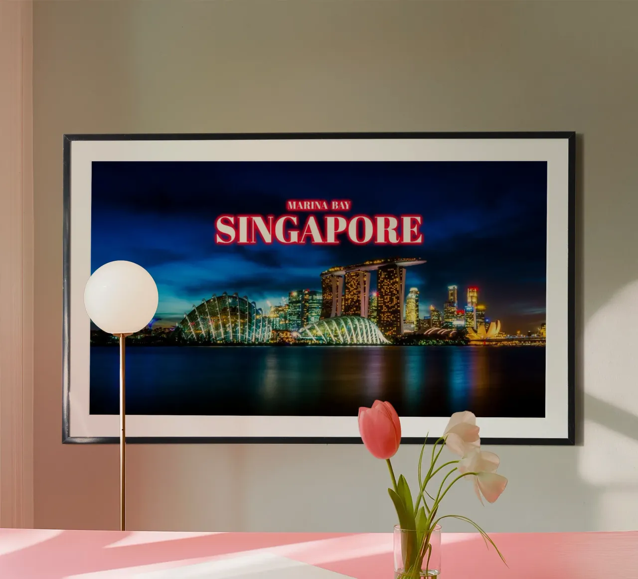 Marina Bay di notte 3 - Singapore poster con telaio in legno da surfer28