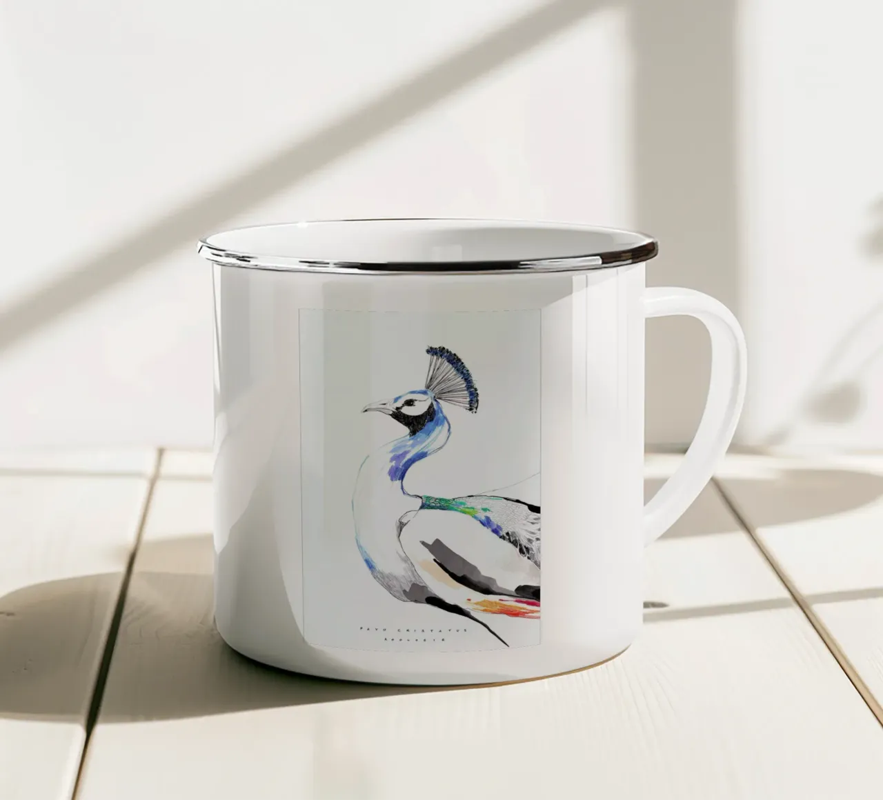 Peacock enamel mug by Mala Alani