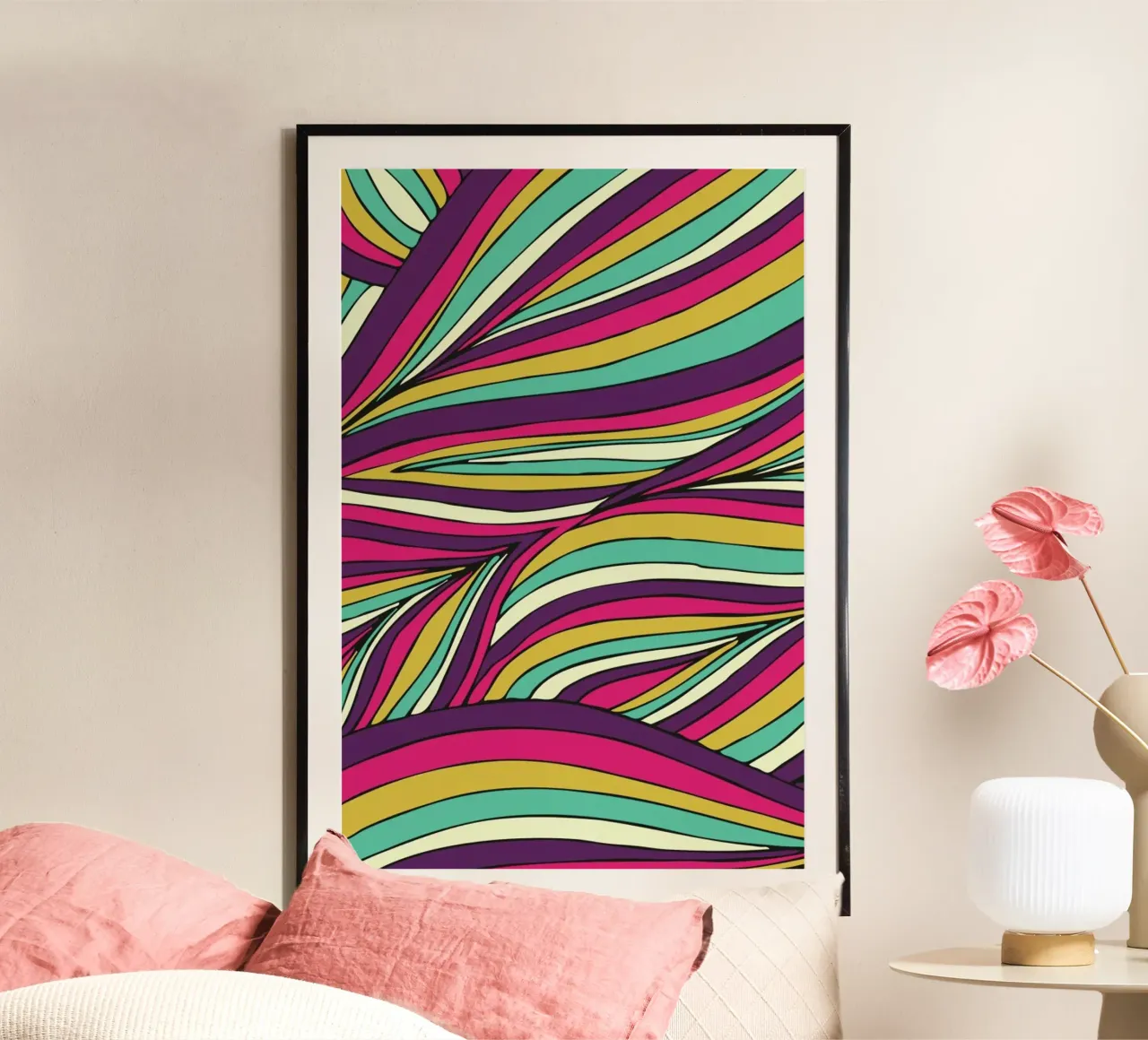 Tropical Leaves Linear Series poster con telaio in legno da Pom Graphic Design