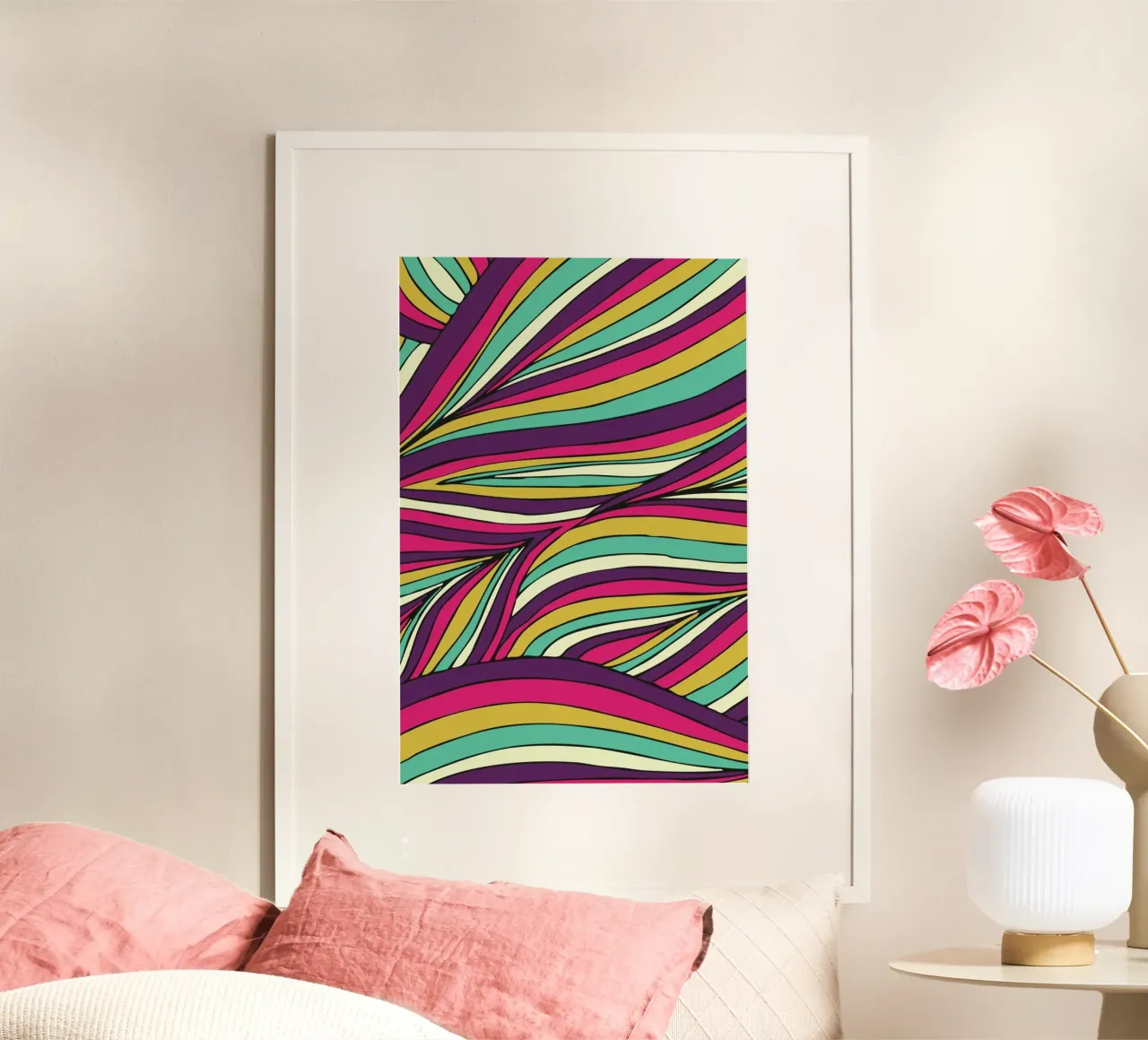Tropical Leaves Linear Series poster con telaio in legno da Pom Graphic Design