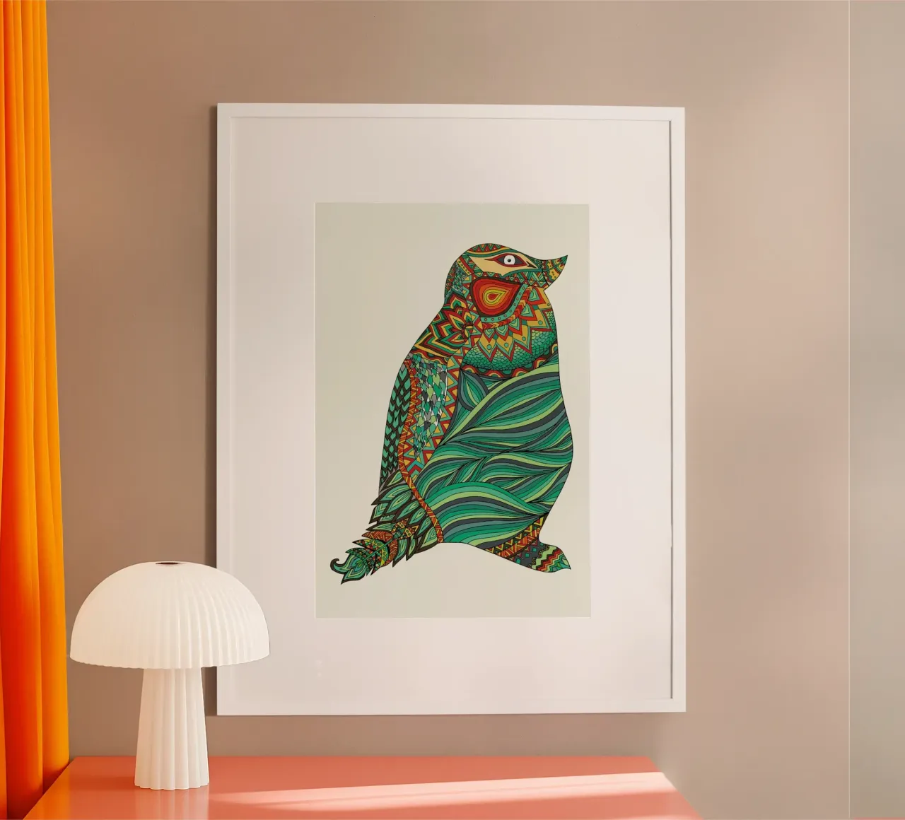 Ethnic Penguin poster con telaio in alluminio da Pom Graphic Design