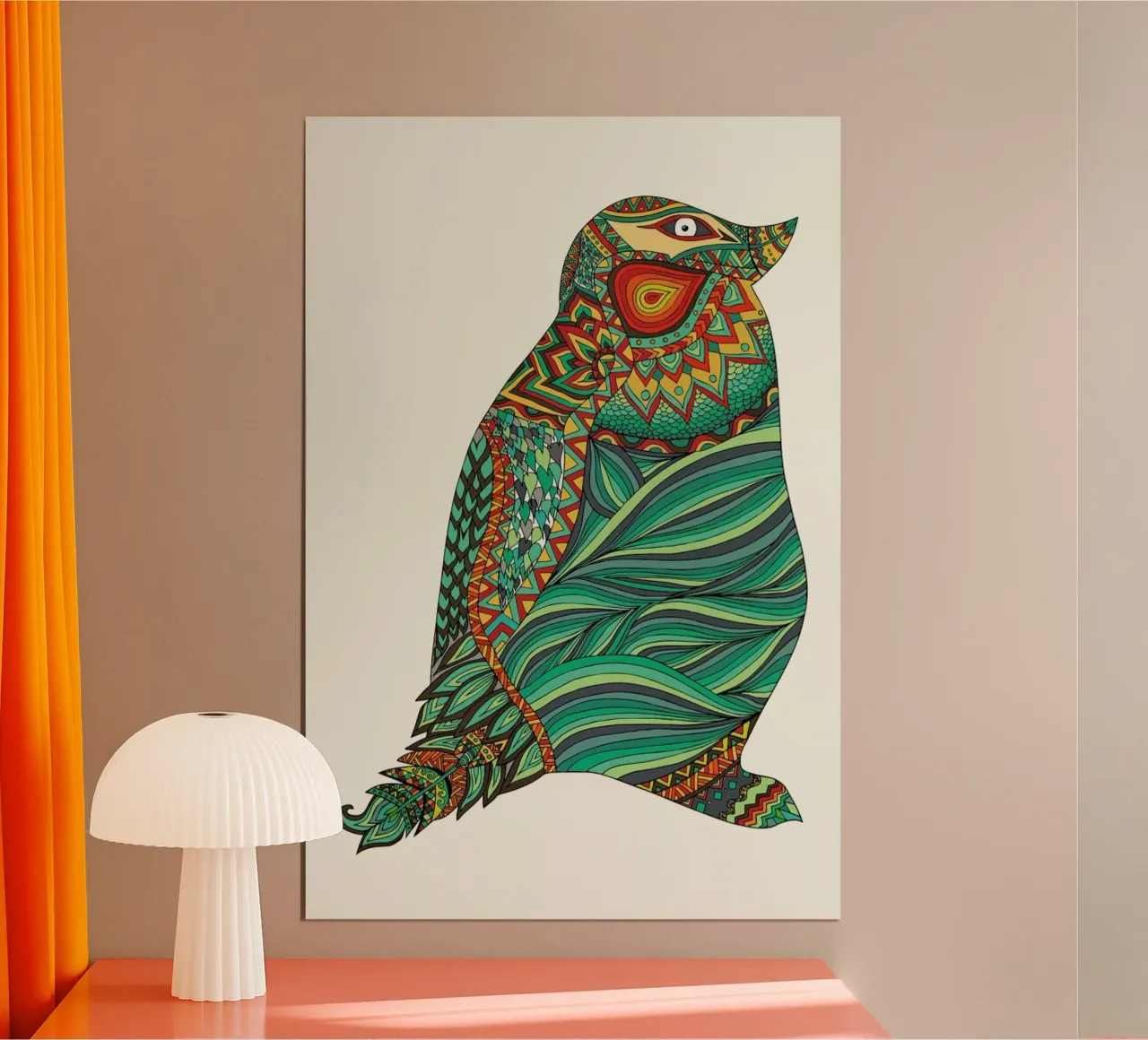 Ethnic Penguin poster con telaio in alluminio da Pom Graphic Design