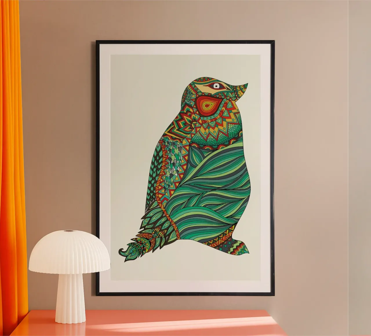 Ethnic Penguin poster con telaio in alluminio da Pom Graphic Design