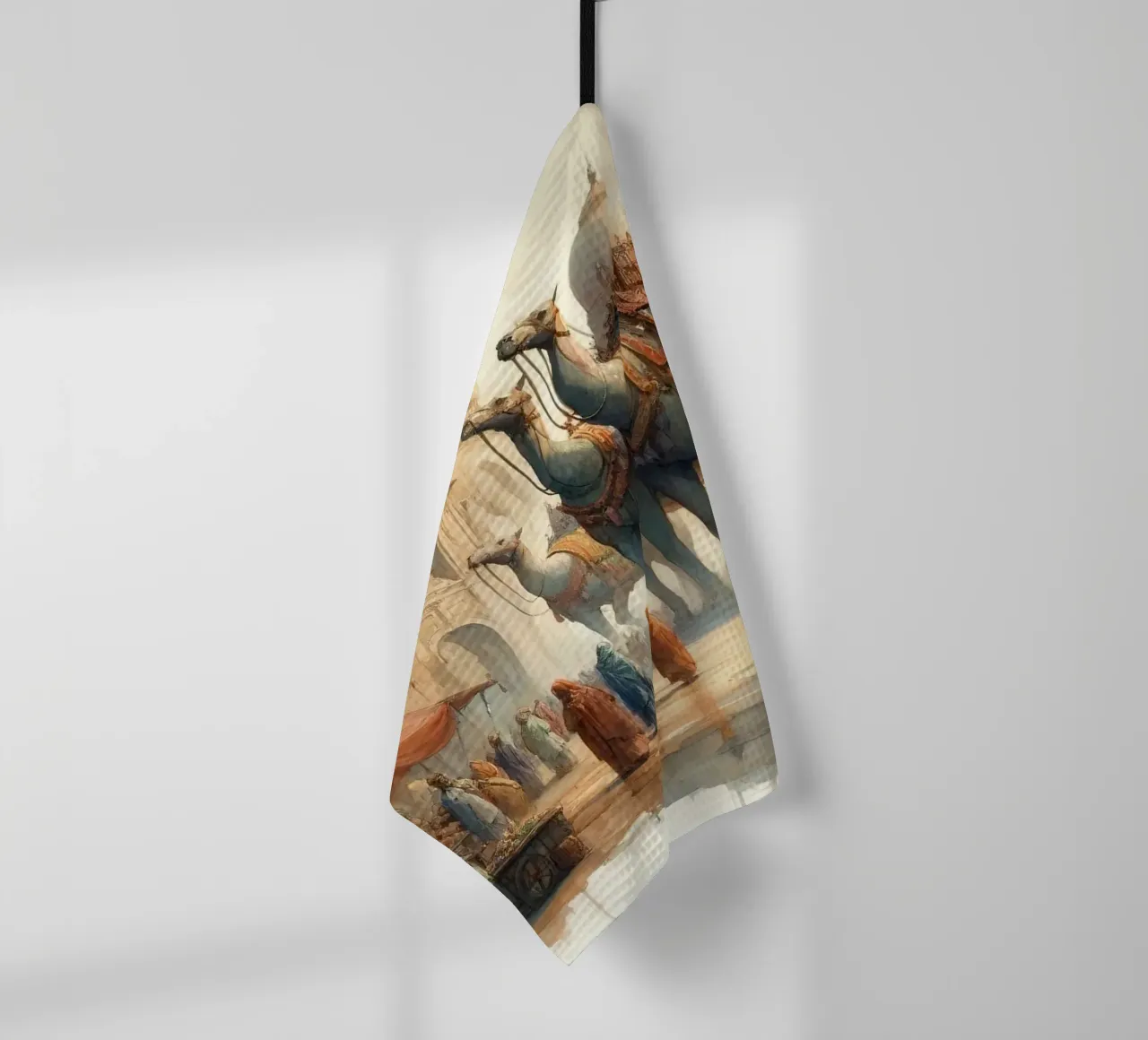 Ancient Marketplace Rhythms and Beasts tea towel by Chromatic Fusion Studio