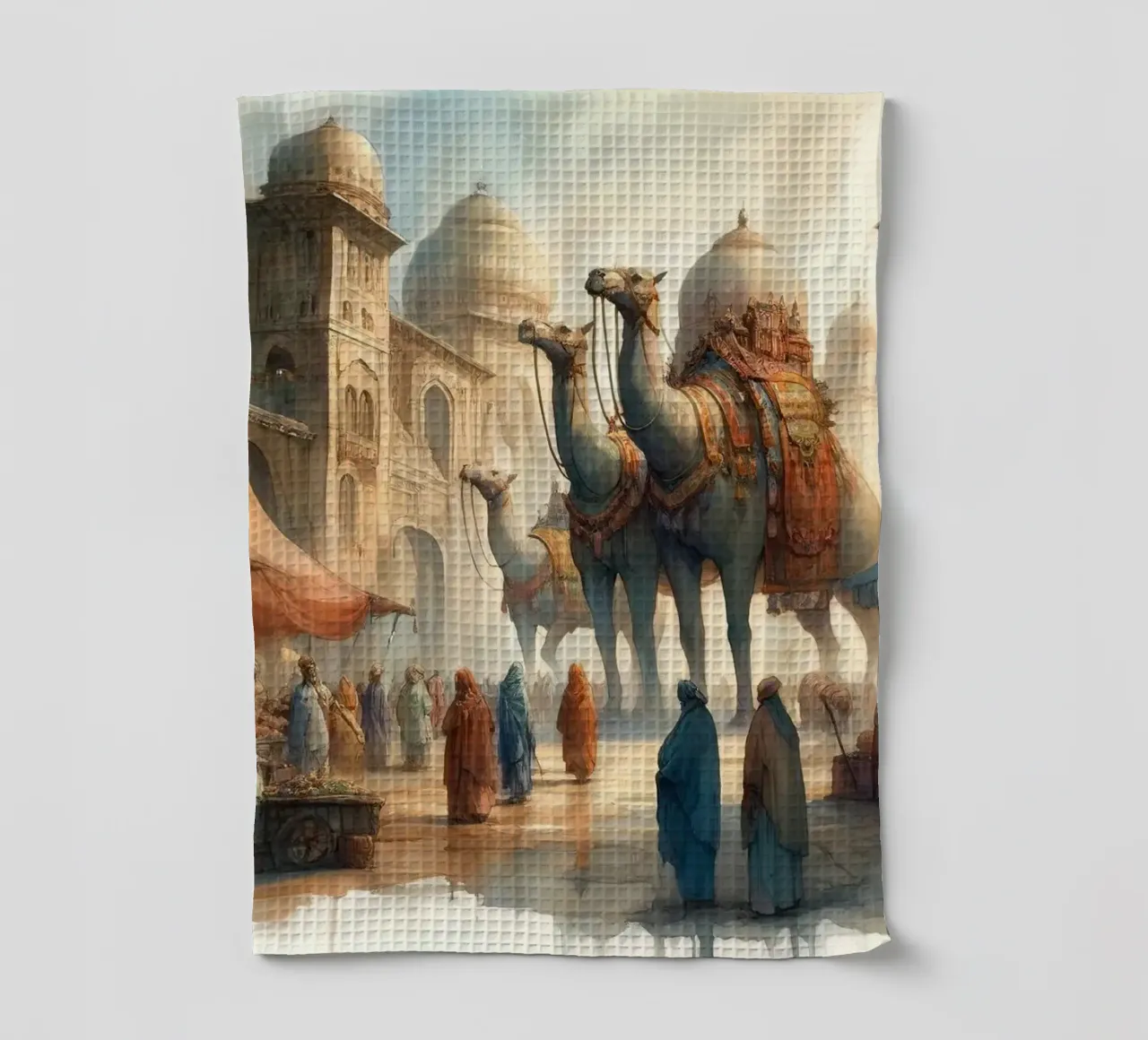 Ancient Marketplace Rhythms and Beasts tea towel by Chromatic Fusion Studio