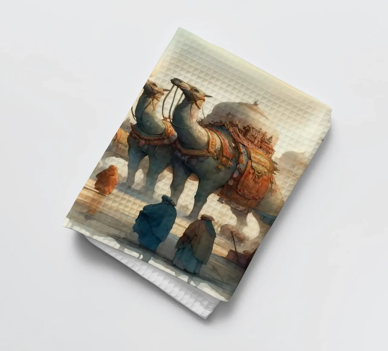 Ancient Marketplace Rhythms and Beasts tea towel by Chromatic Fusion Studio