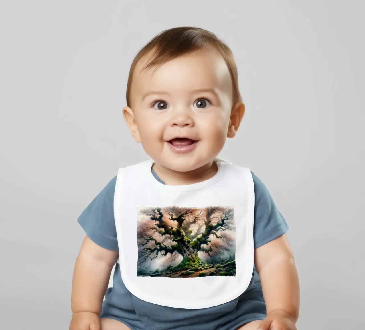 Ancient Tree Whispers in the Morning Mist baby bib by Chromatic Fusion Studio