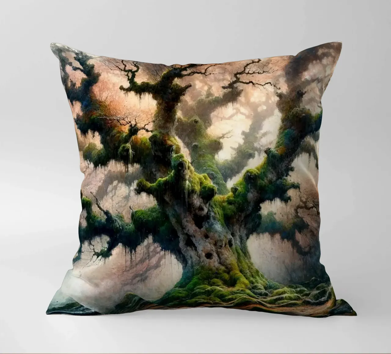 Ancient Tree Whispers in the Morning Mist decorative cushion by Chromatic Fusion Studio