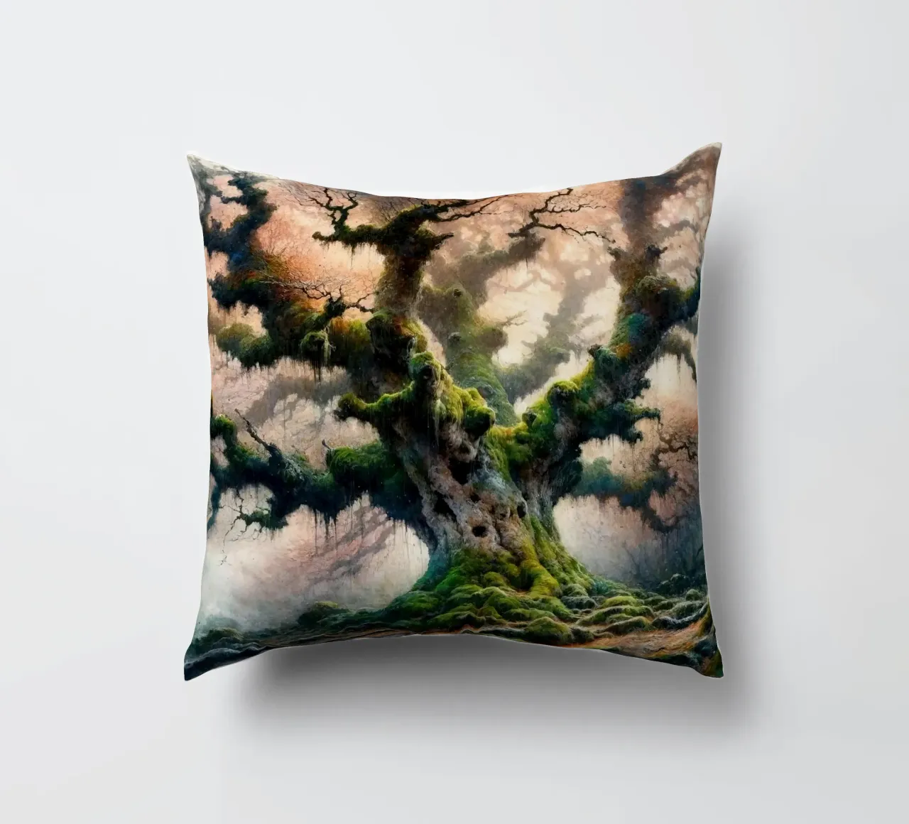 Ancient Tree Whispers in the Morning Mist decorative cushion by Chromatic Fusion Studio