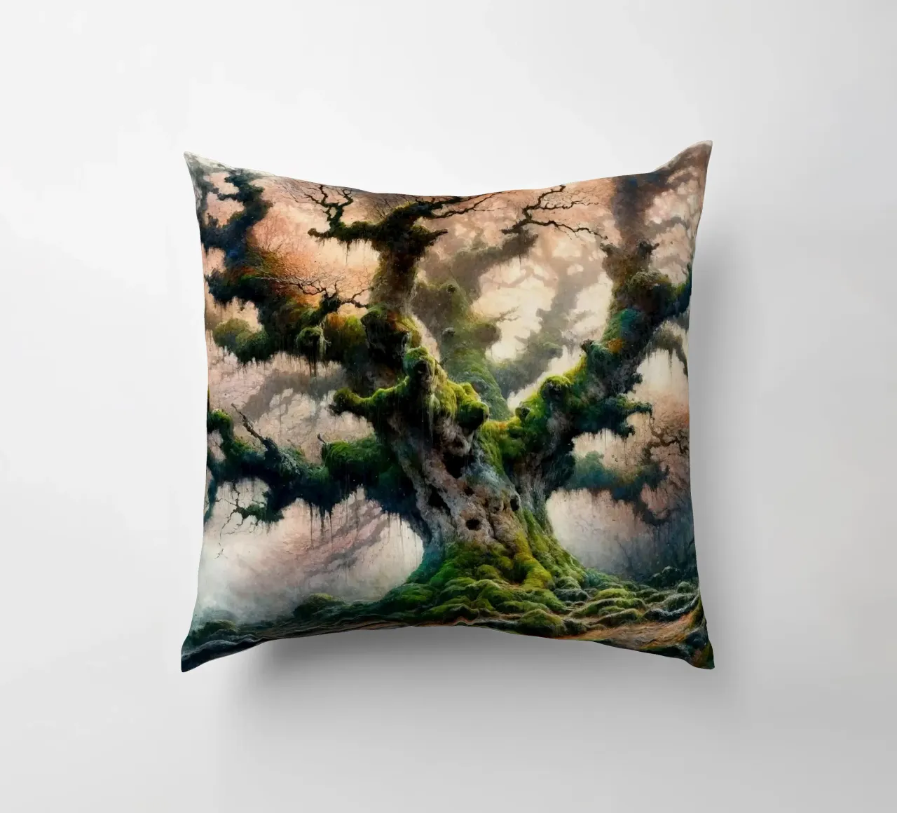 Ancient Tree Whispers in the Morning Mist decorative cushion by Chromatic Fusion Studio