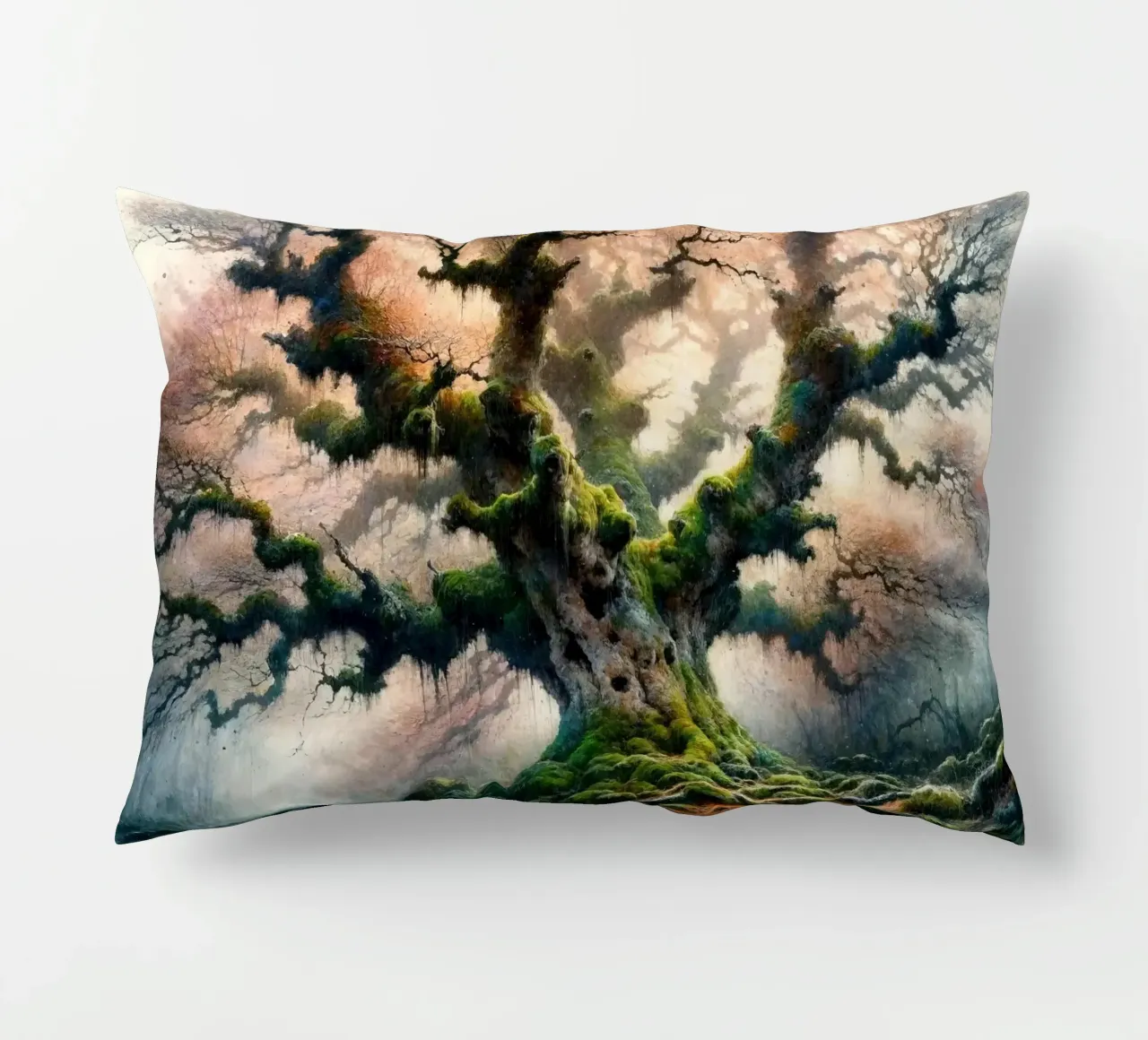Ancient Tree Whispers in the Morning Mist decorative cushion by Chromatic Fusion Studio