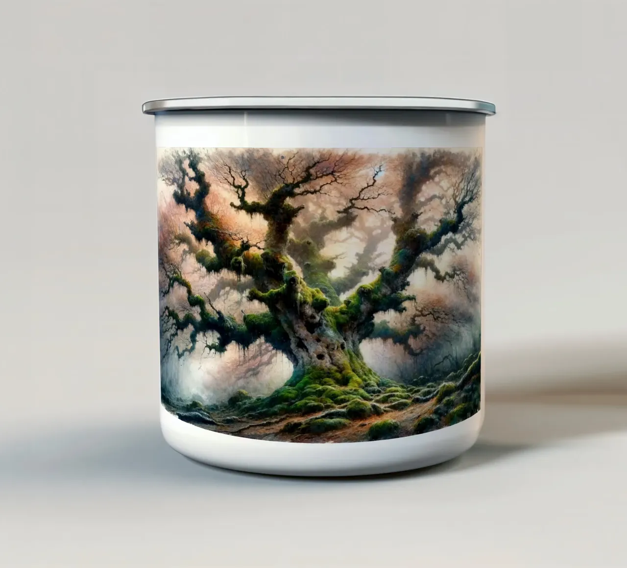L'antico albero sussurra nella nebbia del mattino tazza in smalto da Chromatic Fusion Studio