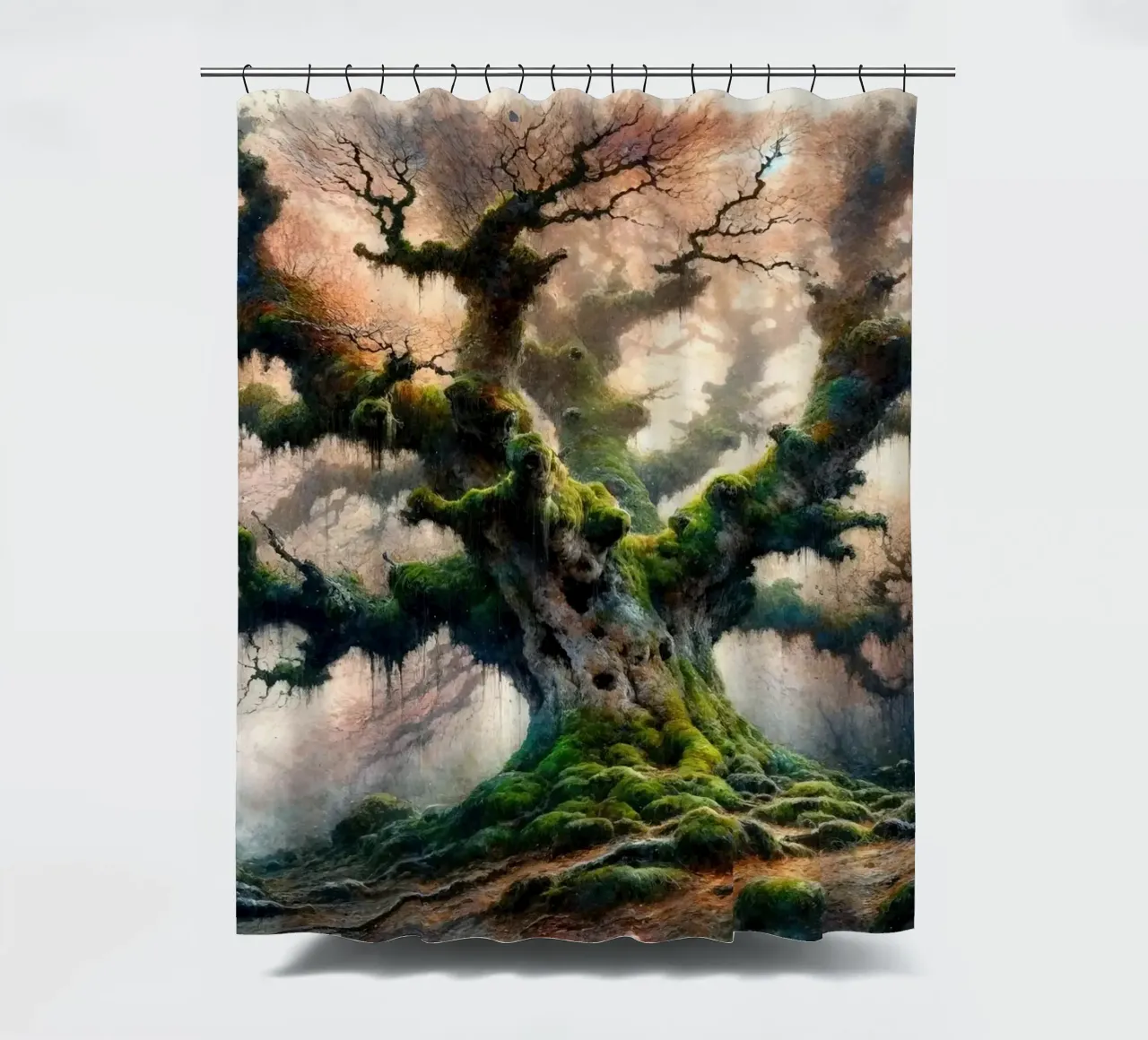 Uralter Baum flüstert im Morgennebel Duschvorhang von Chromatic Fusion Studio