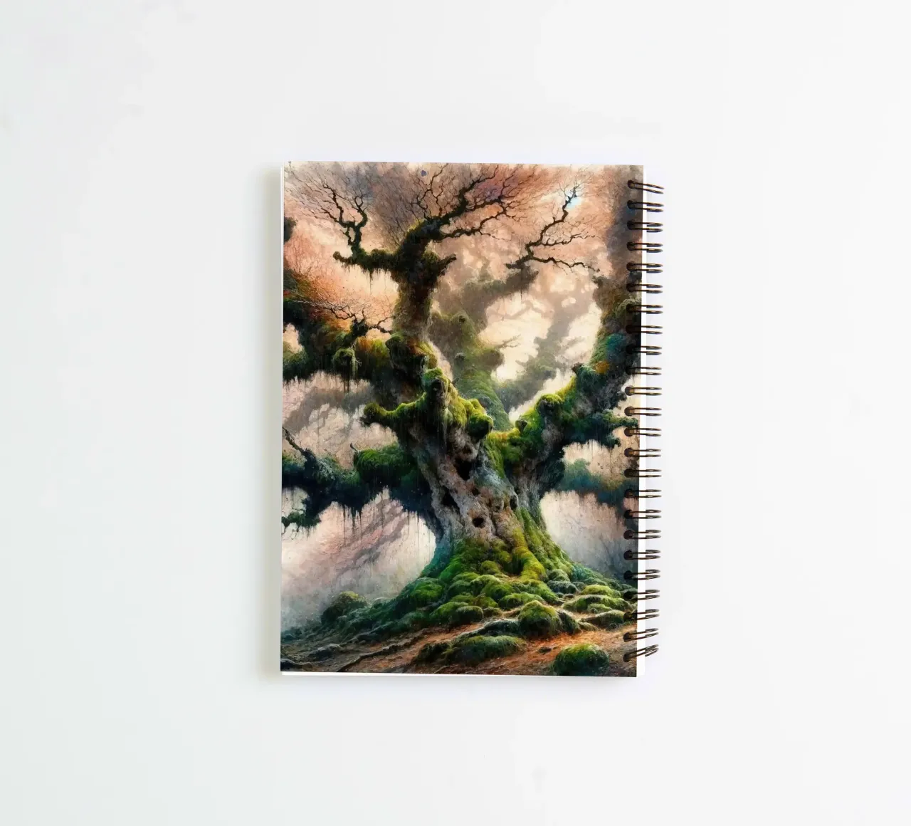 Ancient Tree Whispers in the Morning Mist spiral notebook by Chromatic Fusion Studio