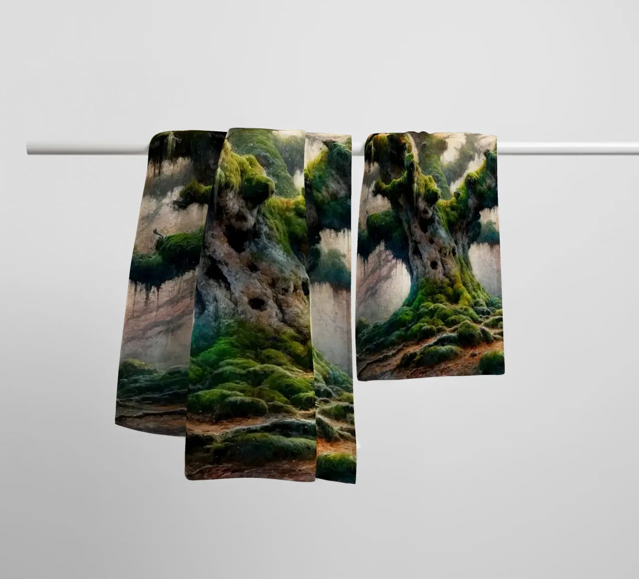 Ancient Tree Whispers in the Morning Mist towel by Chromatic Fusion Studio