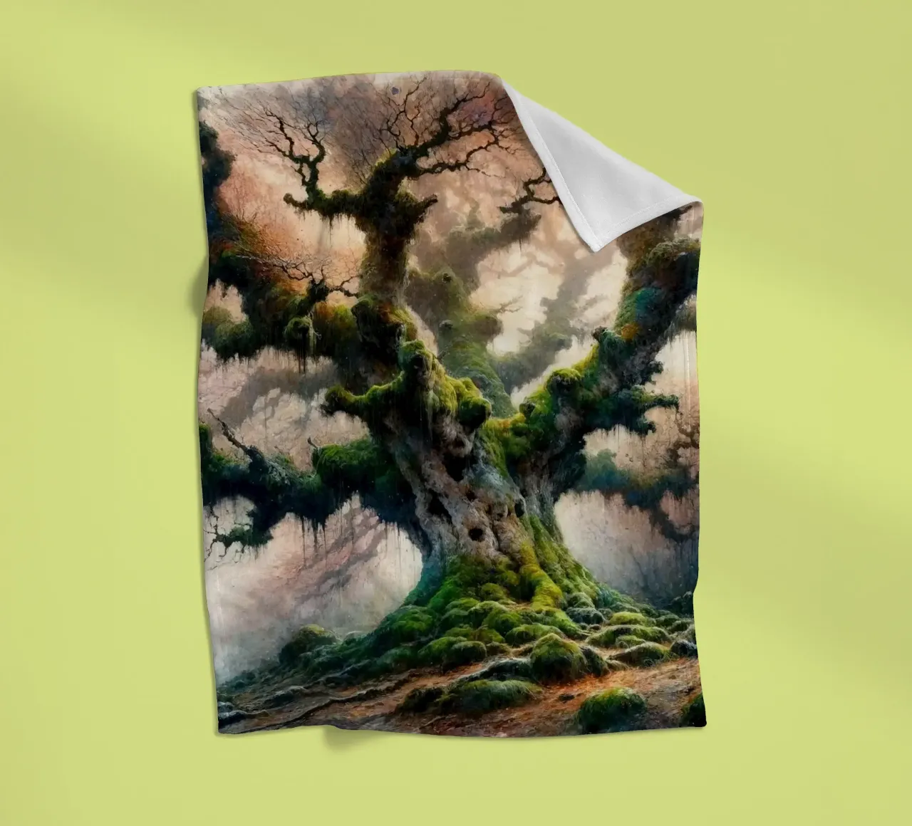 Ancient Tree Whispers in the Morning Mist fleece blanket by Chromatic Fusion Studio