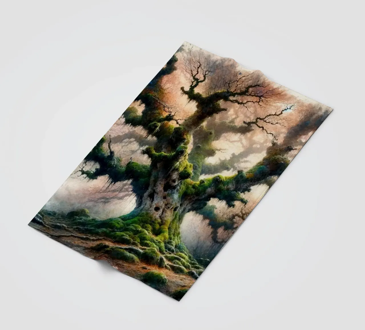Ancient Tree Whispers in the Morning Mist fleece blanket by Chromatic Fusion Studio