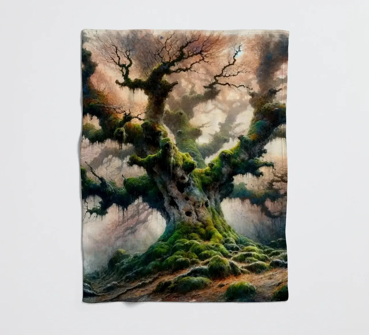 Ancient Tree Whispers in the Morning Mist fleece blanket by Chromatic Fusion Studio