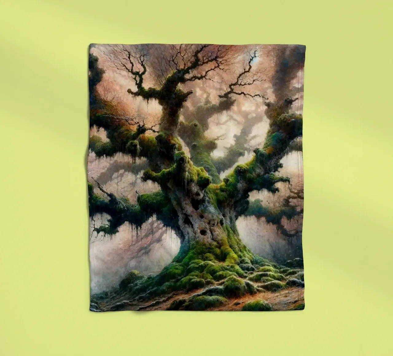 Ancient Tree Whispers in the Morning Mist fleece blanket by Chromatic Fusion Studio