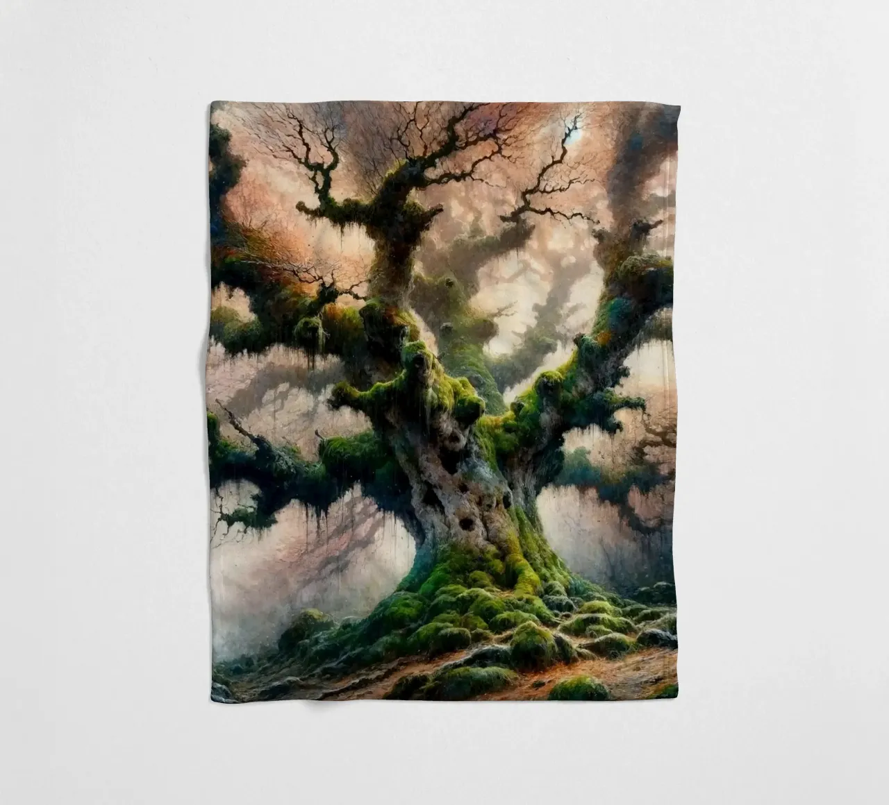 Ancient Tree Whispers in the Morning Mist fleece blanket by Chromatic Fusion Studio
