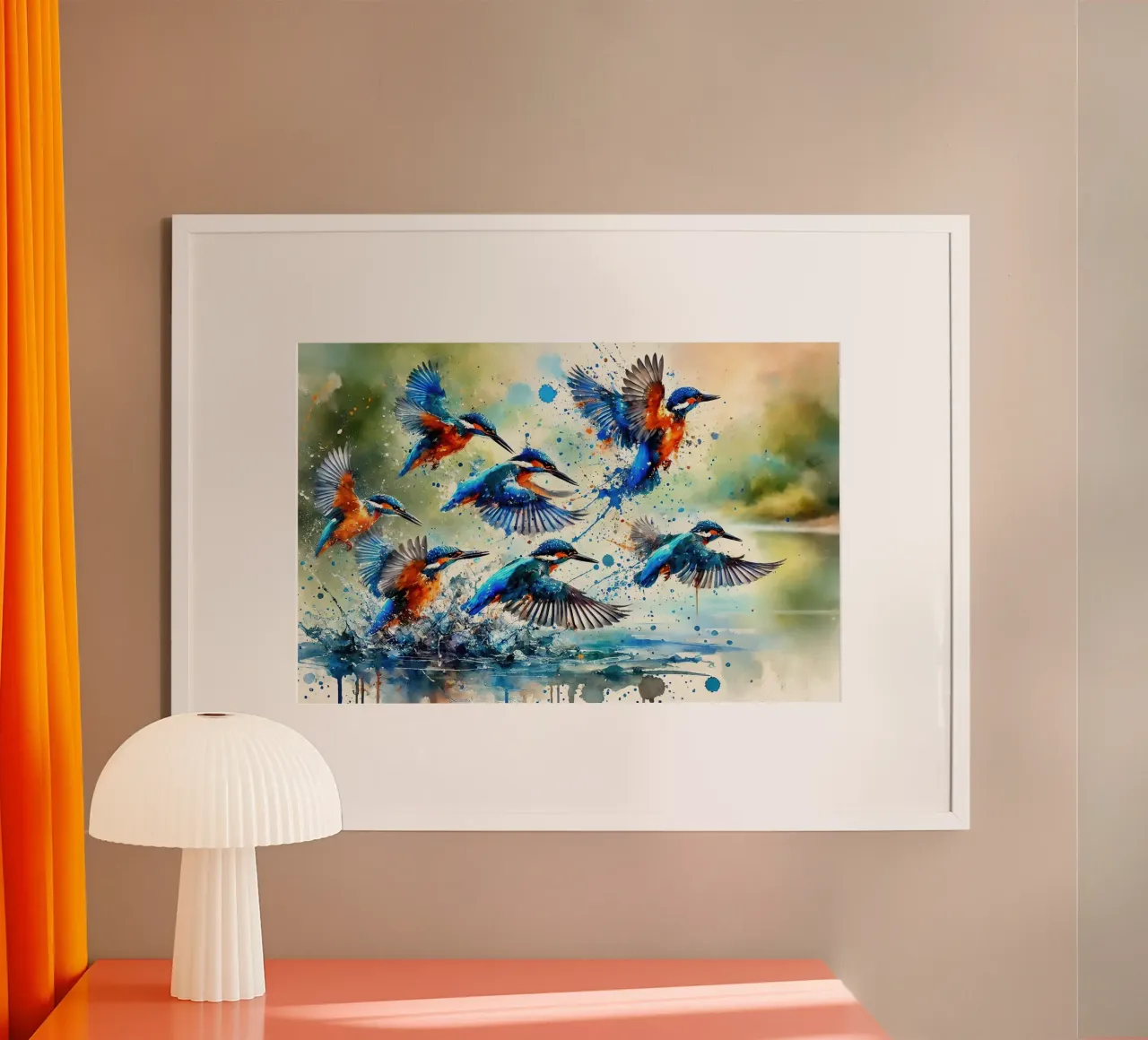 Volo d'acqua dei martin pescatori poster con telaio in alluminio da Chromatic Fusion Studio