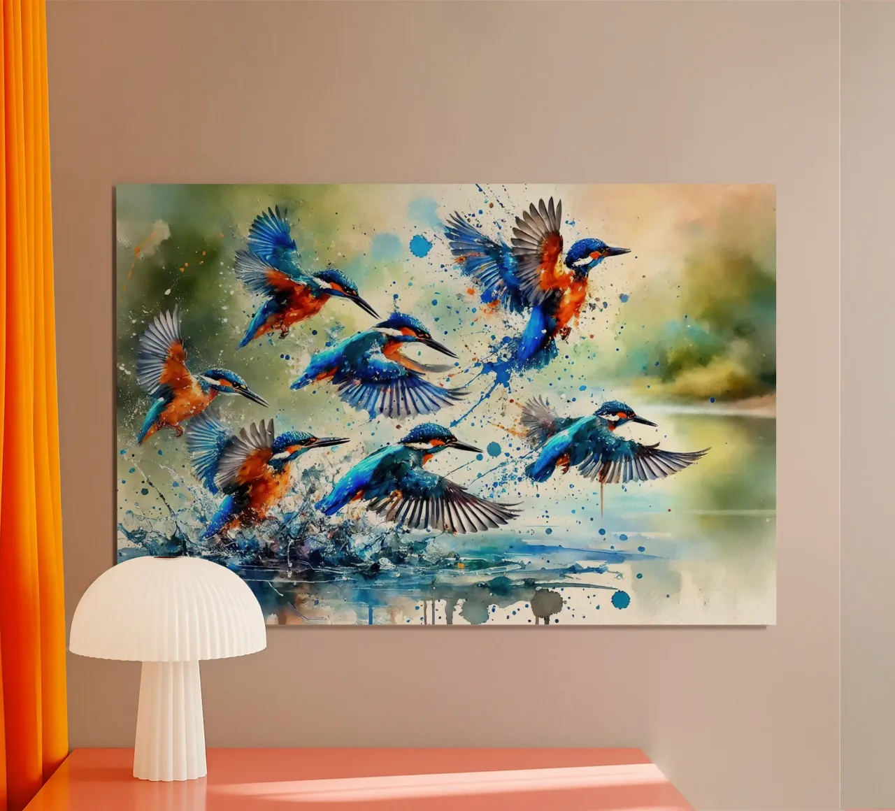 Volo d'acqua dei martin pescatori poster con telaio in alluminio da Chromatic Fusion Studio