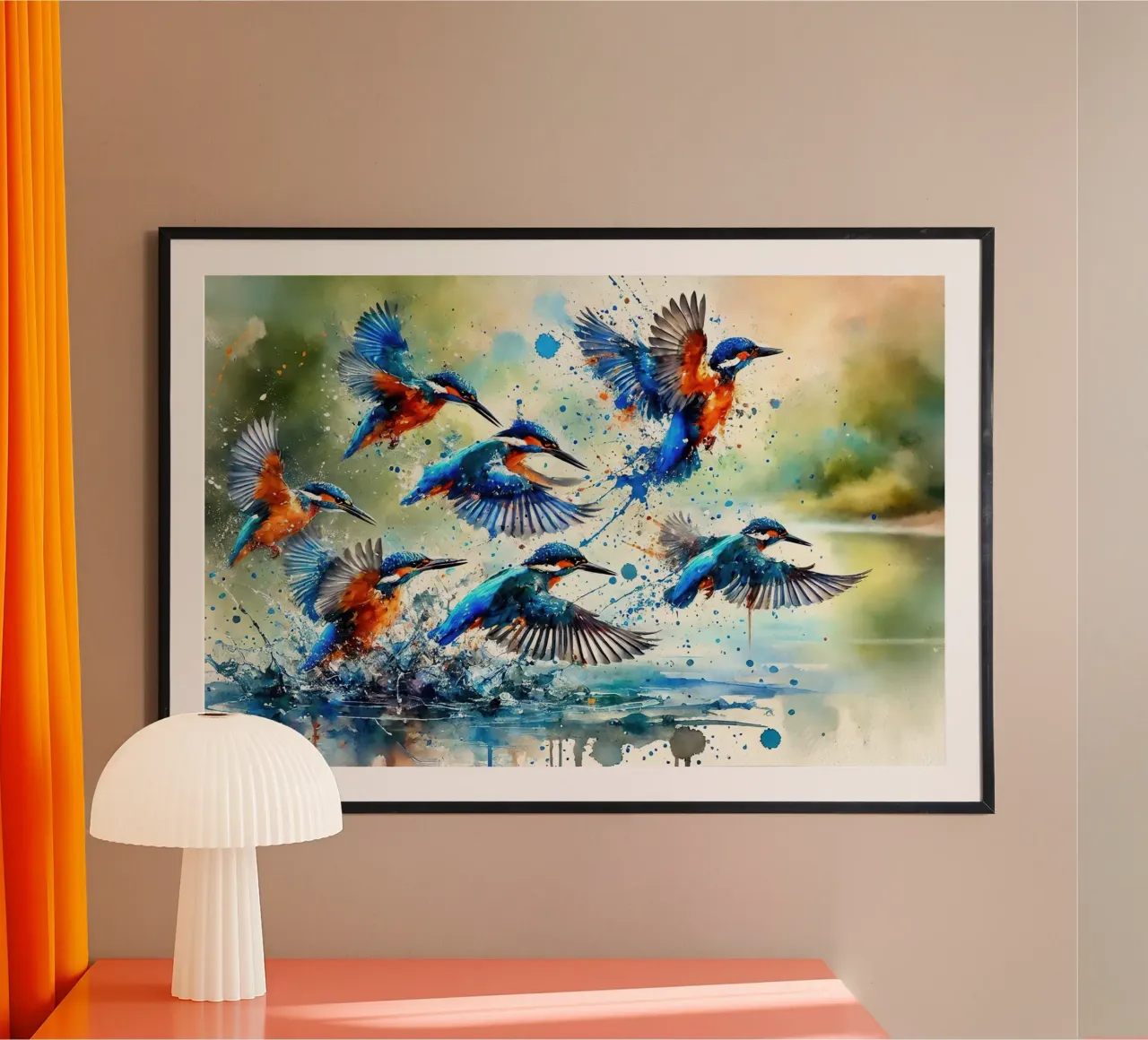 Volo d'acqua dei martin pescatori poster con telaio in alluminio da Chromatic Fusion Studio