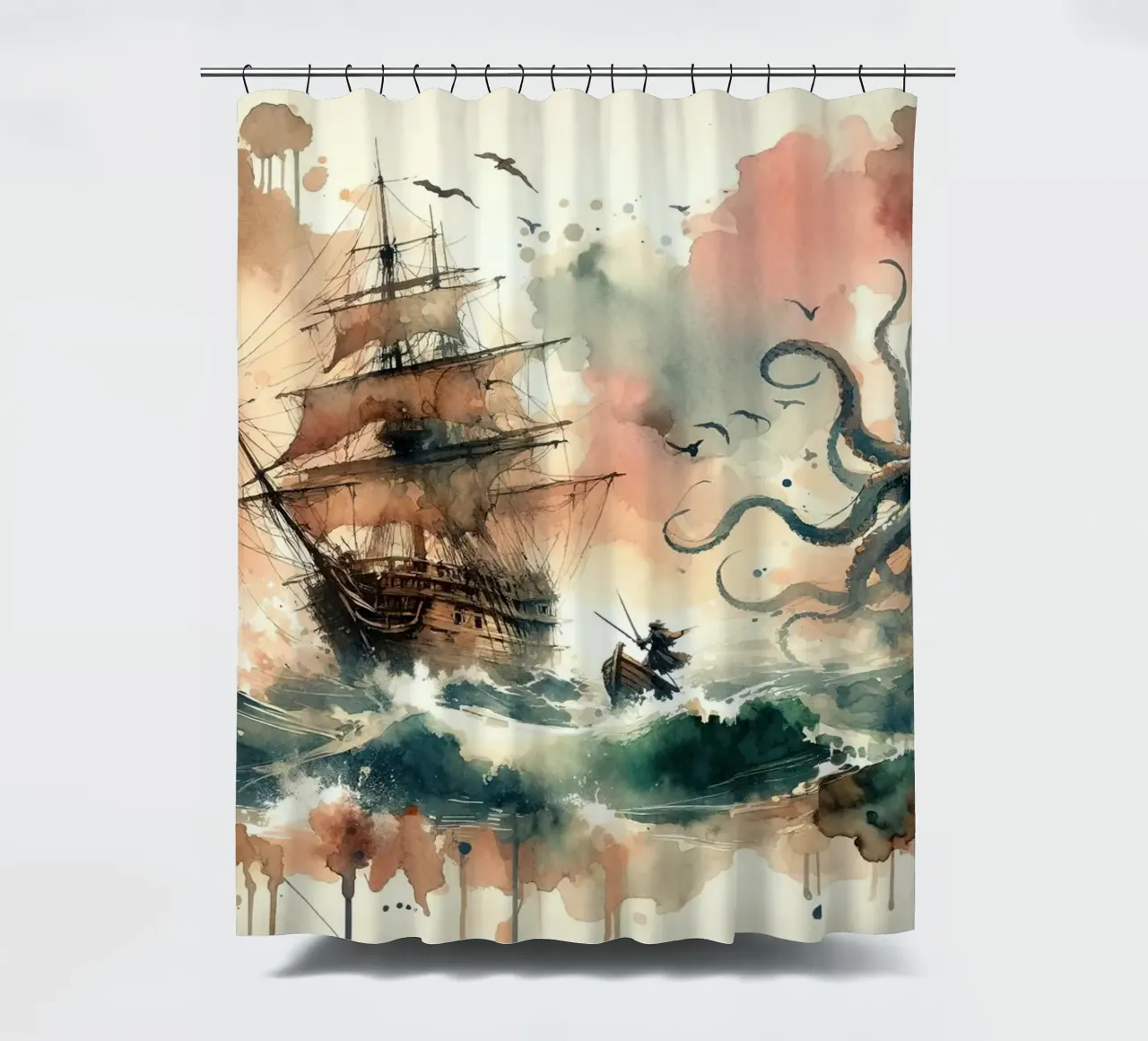 Battle with the Sea Monster shower curtain by Chromatic Fusion Studio
