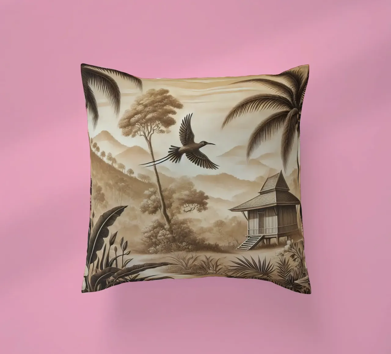 Uccello tra le palme in una scena tropicale cuscino da Chromatic Fusion Studio