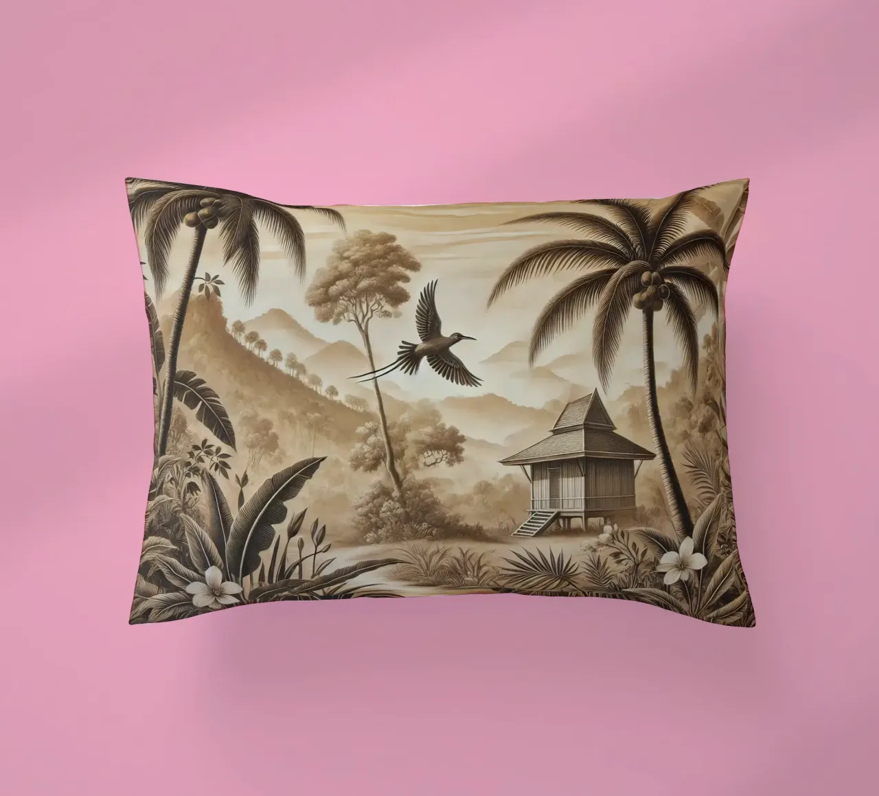 Uccello tra le palme in una scena tropicale cuscino da Chromatic Fusion Studio
