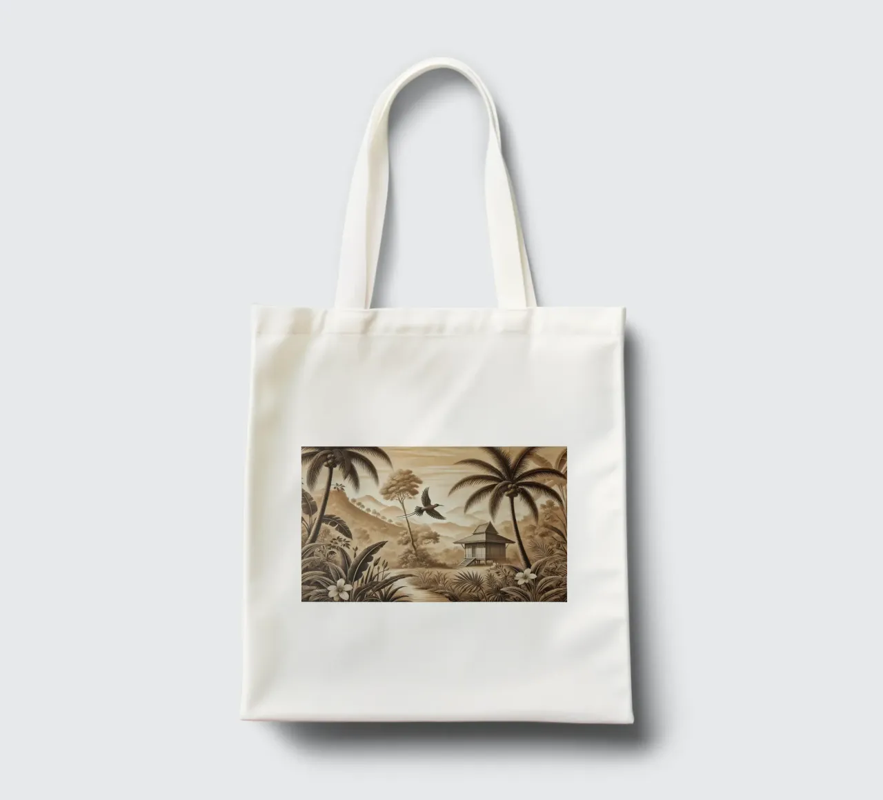 Uccello tra le palme in una scena tropicale borsa in juta da Chromatic Fusion Studio