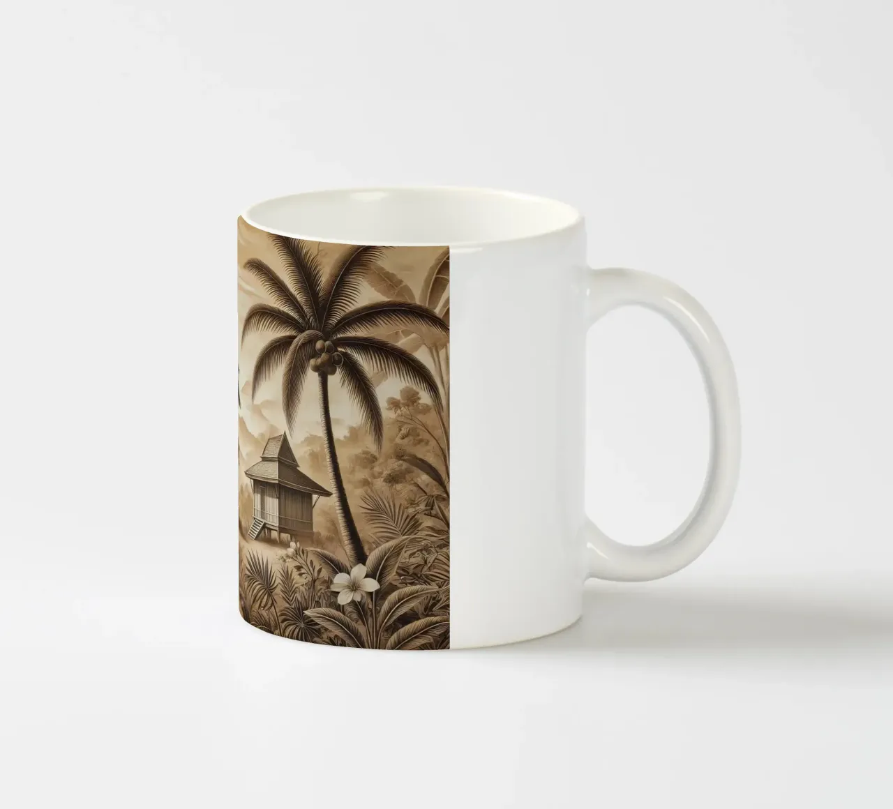 Uccello tra le palme in una scena tropicale tazza in ceramica da Chromatic Fusion Studio