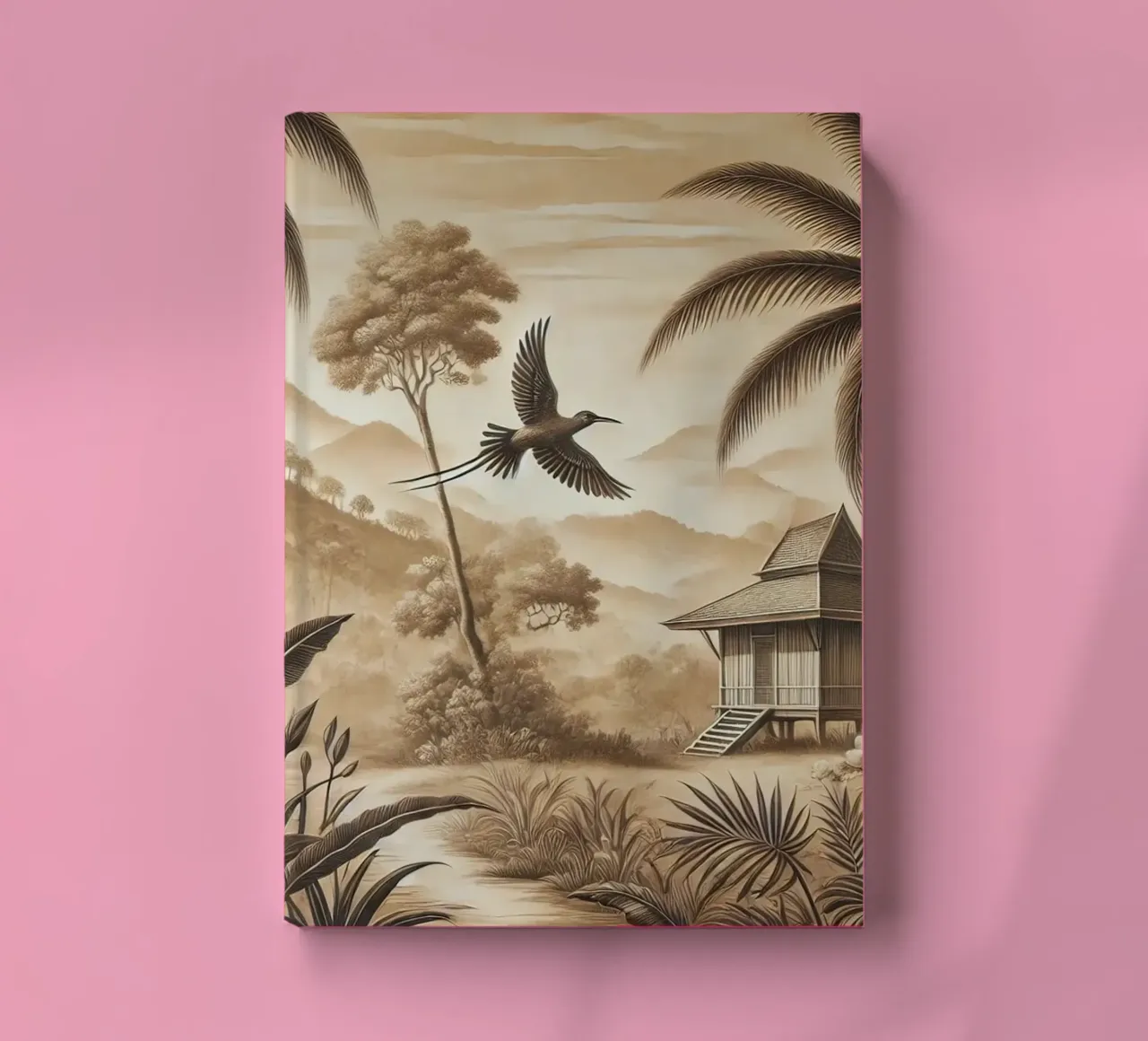 Oiseau parmi les palmiers dans une scène tropicale carnet de notes de Chromatic Fusion Studio