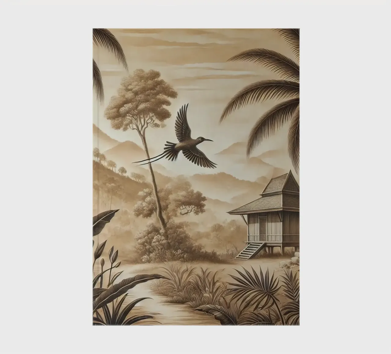 Oiseau parmi les palmiers dans une scène tropicale carnet de notes de Chromatic Fusion Studio