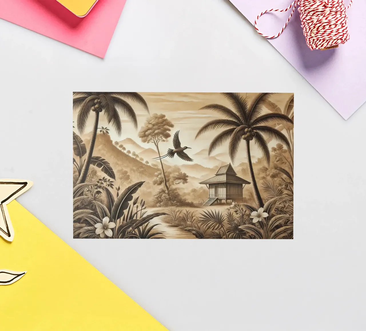 Bird Among Palm Trees in Tropical Scene sticker by Chromatic Fusion Studio