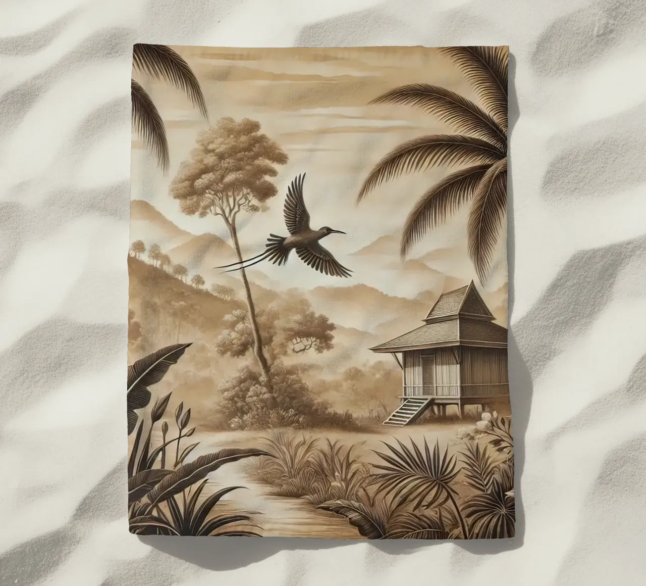 Uccello tra le palme in una scena tropicale telo mare da Chromatic Fusion Studio