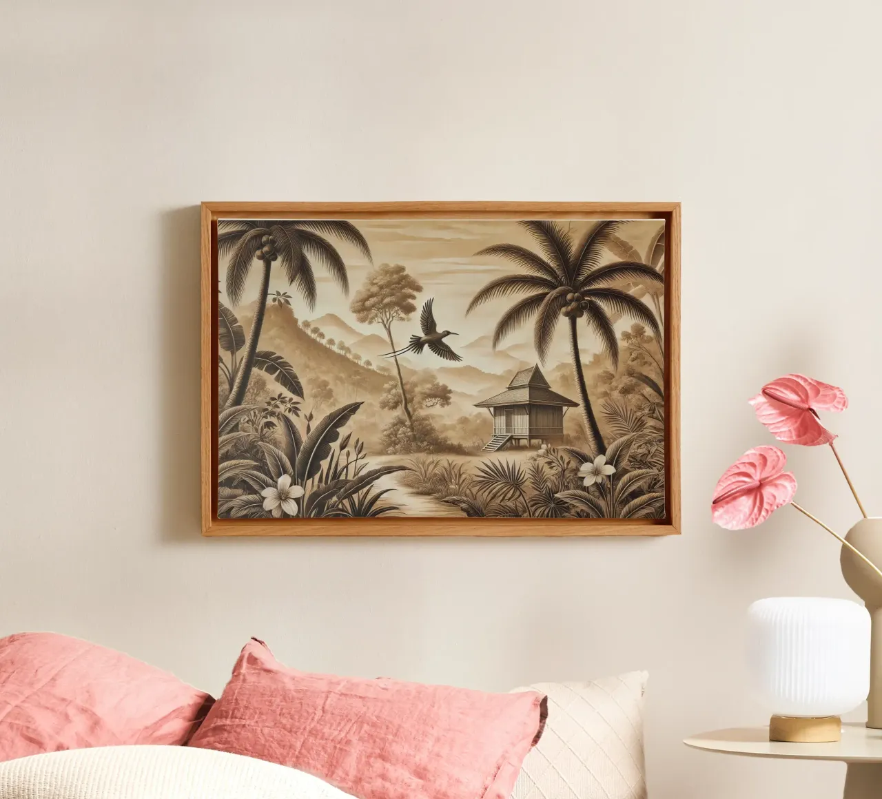 Vogel tussen palmbomen in tropische scène canvas met Baklijst van Chromatic Fusion Studio